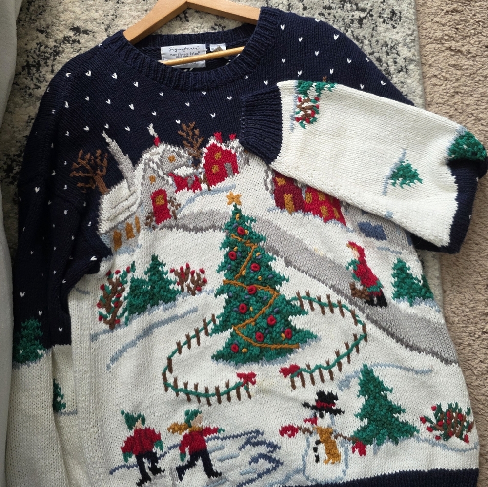 Vintage 90s Northern Isles Hand Knit Christmas Sweater Womens XL Ramie Cotton - Picture 7 of 14